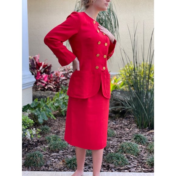 Vintage Yves Saint Laurent Skirt Suit 10 Red Double Breasted Blazer Gold Buttons - Picture 14 of 14